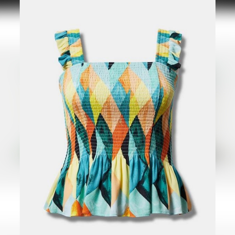 Torrid Peplum Crinkle Gauze Smocked Tank Geo Multi Sz 1X 14-16